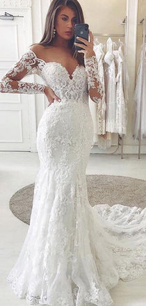 Long Sleeves Off Shoulder V-neck Long Mermaid Lace Wedding Dresses,WD762