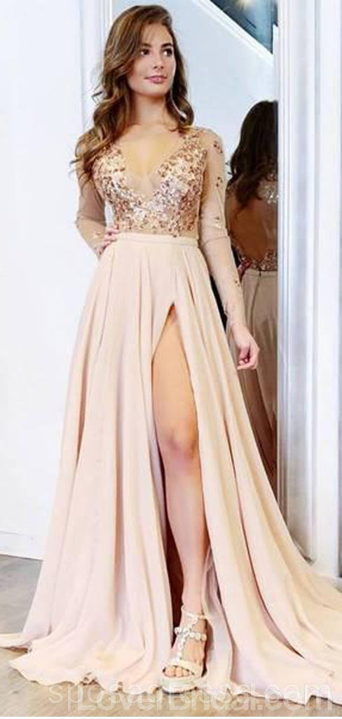 Long Sleeves Sparkly Chiffon Long Evening Prom Dresses, Cheap Custom Party Prom Dresses, 18570