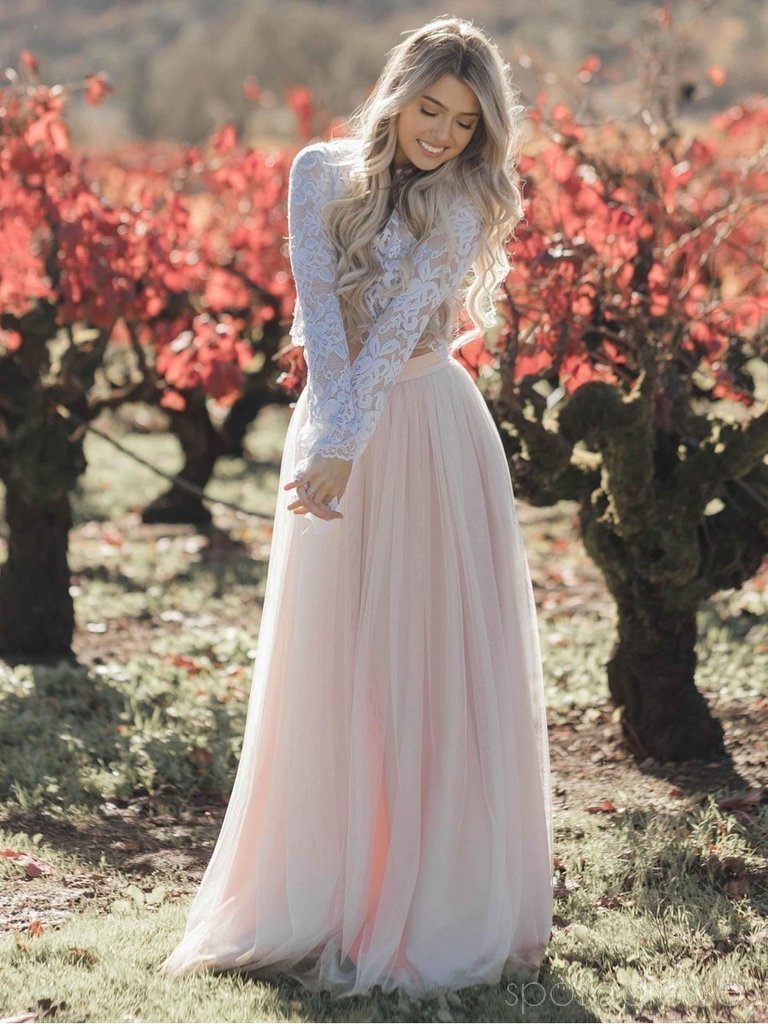 Long Sleeves Two Pieces Pale Pink Skirt Wedding Dresses Online, Cheap Lace Bridal Dresses, WD480