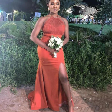 Mermaid Sleeveless Halter Side Slit Long Bridesmaid Dresses Online, WG822