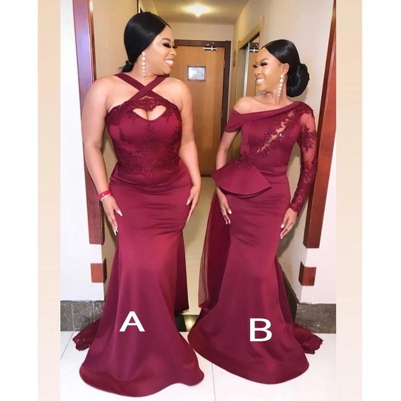 Mismatched Burgundy One shoulder Mermaid Cheap Long Bridesmaid Dresses Gown Online,WG922