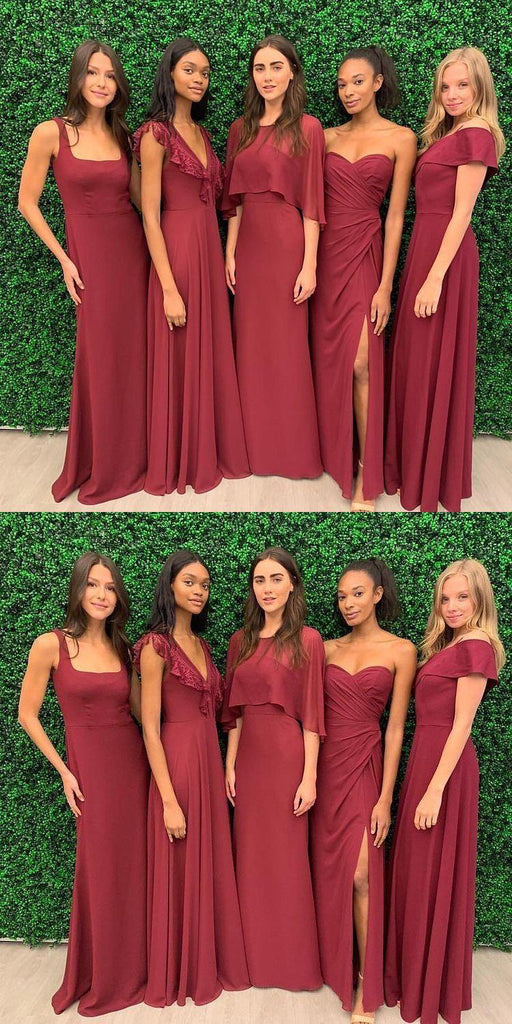 Mismatched Chiffon Dark Red Long Cheap Bridesmaid Dresses Online, WG682