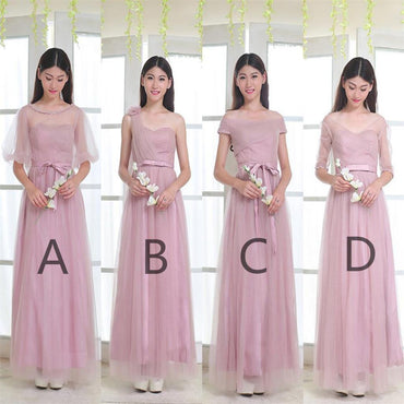 Mismatched Elegant Dusty Pink Soft Tulle Long Bridesmaid Dresses, Cheap Custom Long Bridesmaid Dresses, Affordable Bridesmaid Gowns, BD013