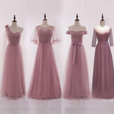 Mismatched Elegant Dusty Pink Soft Tulle Long Bridesmaid Dresses, Cheap Custom Long Bridesmaid Dresses, Affordable Bridesmaid Gowns, BD013