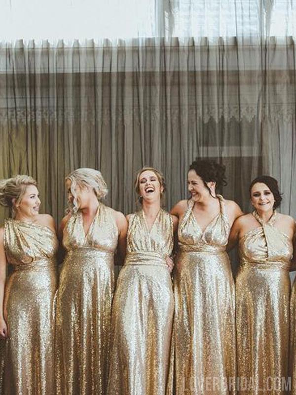 Mismatched Gold Sequin Cheap Long Bridesmaid Dresses Online, WG573