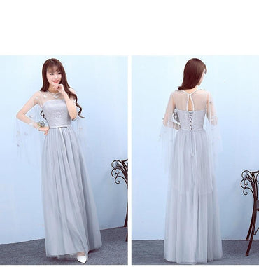 Mismatched Gray Lace Tulle Long Bridesmaid Dresses, Cheap Custom Long Bridesmaid Dresses, Affordable Bridesmaid Gowns, BD008