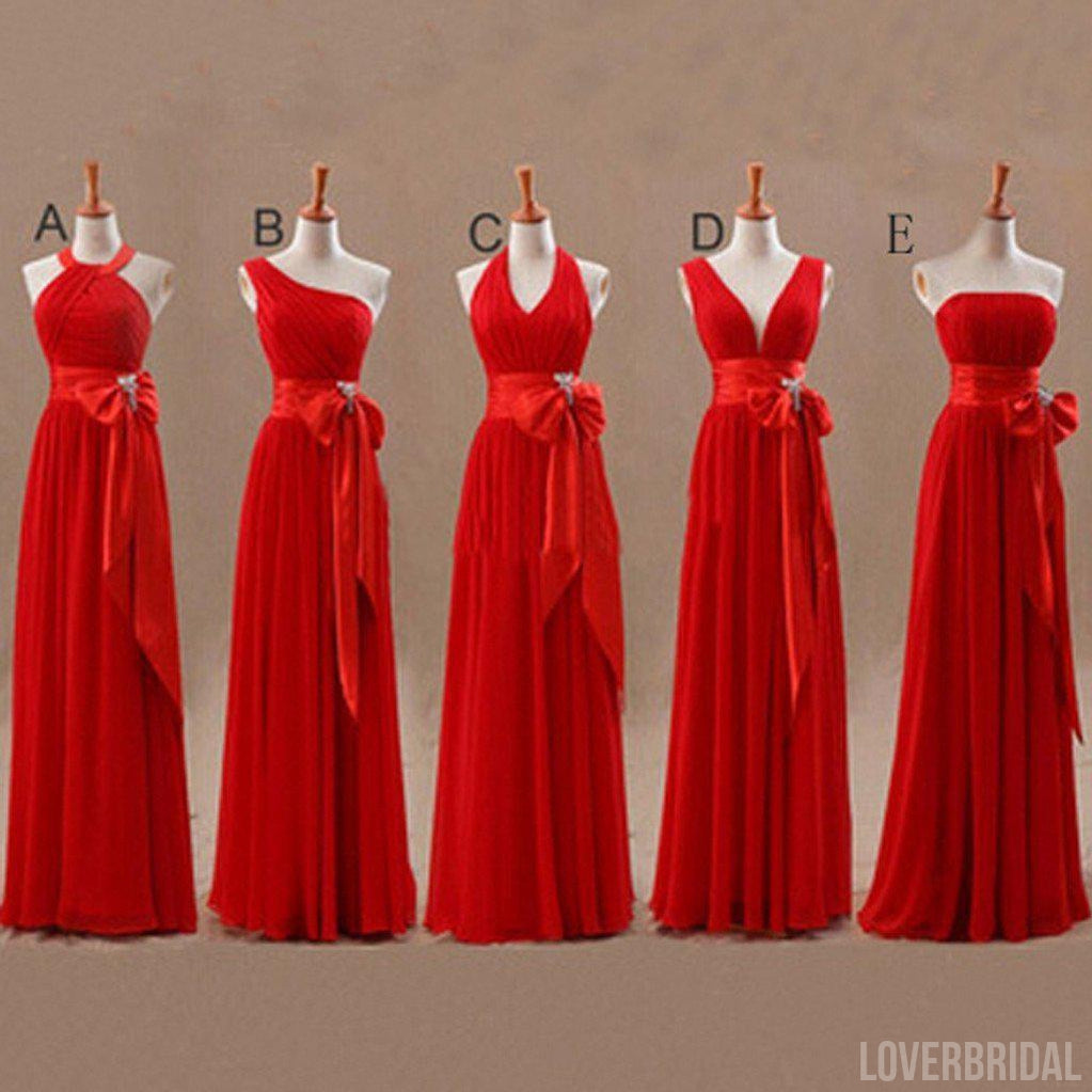 Mismatched Junior Chiffon Red Long A Line Formal Cheap Maxi Bridesmaid Dresses with Bow, WG63