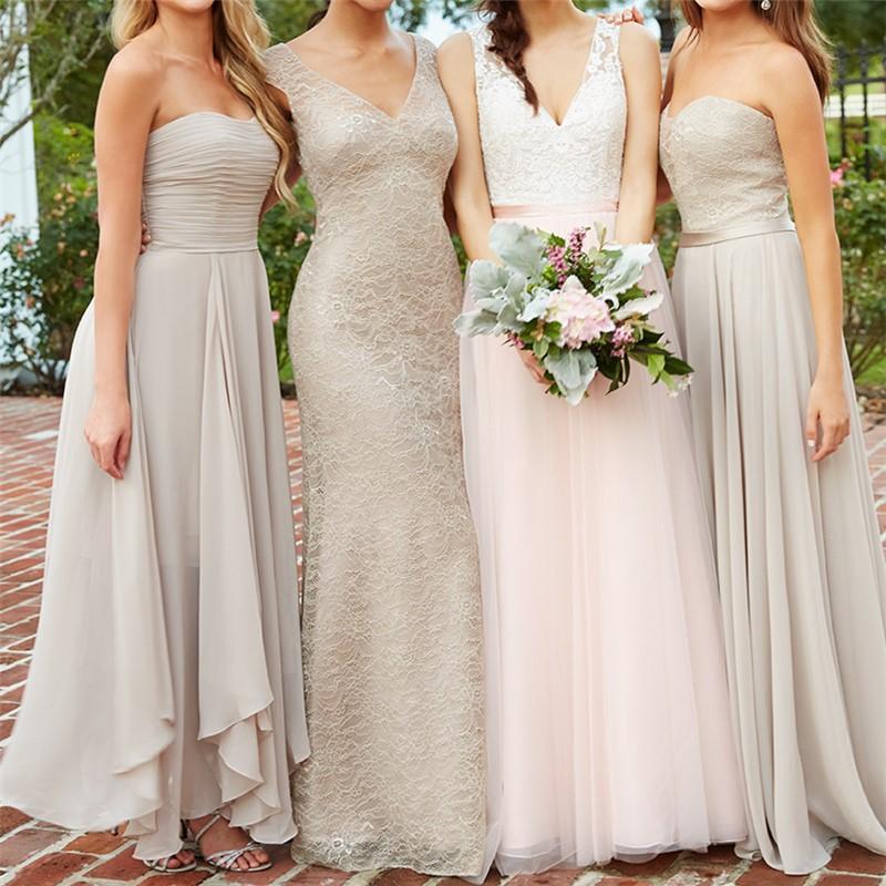 Mismatched Lace Chiffon A Line Custom Bridesmaid Dresses, Cheap Unique Tulle Long Bridesmaid Gown, BD123