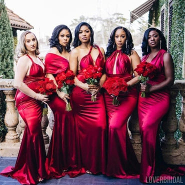 Mismatched Red Mermaid V-neck Cheap Long Bridesmaid Dresses Online,WG1031