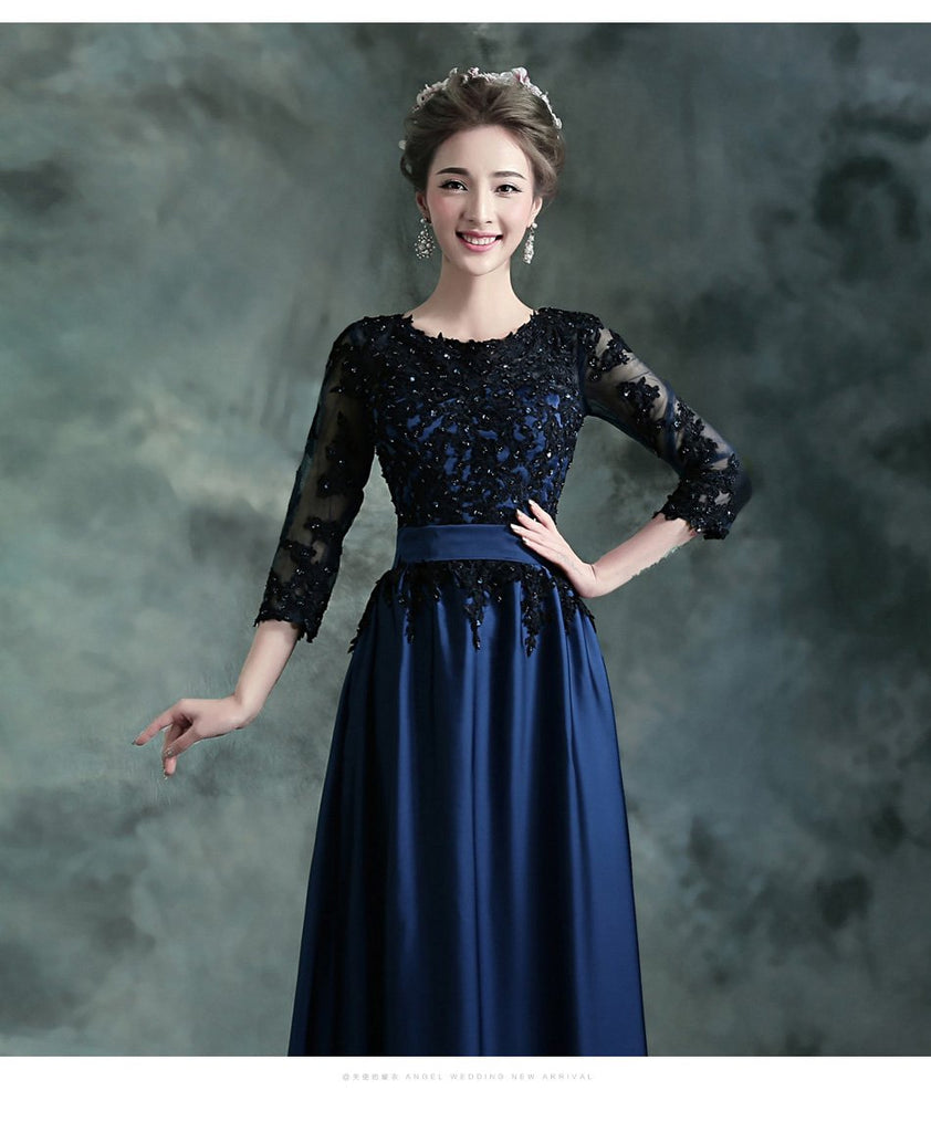 Navy Blue A-line Jewel 3/4 Sleeveless Long Prom Dresses Online,12452