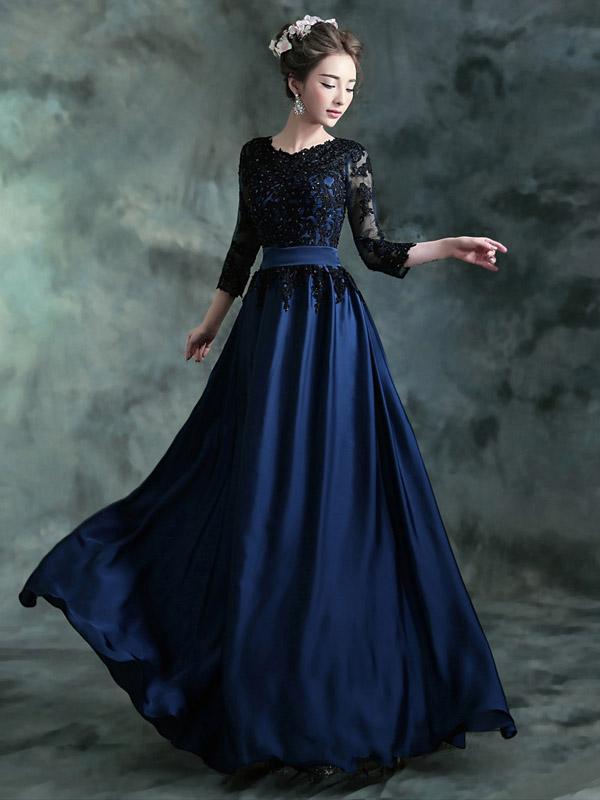 Navy Blue A-line Jewel 3/4 Sleeveless Long Prom Dresses Online,12452