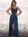 Navy Blue A-line Spaghetti Straps High Slit Long Prom Dresses Online,12421