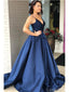 Navy Blue A-line Spaghetti Straps V-neck Cheap Long Prom Dresses,12642