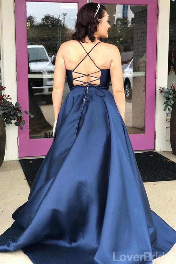 Navy Blue A-line Spaghetti Straps V-neck Cheap Long Prom Dresses,12642