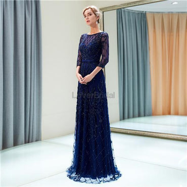 Navy Long Sleeves Lace Beaded Evening Prom Dresses, Evening Party Prom Dresses, 12052