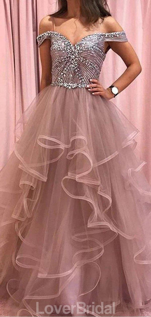 Off Shoulder Beaded Bodice Ruffle Skirt Long Evening Prom Dresses, Evening Party Prom Dresses, 12173