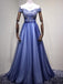 Off Shoulder Blue Tulle Beaded A-line Long Evening Prom Dresses, 17621