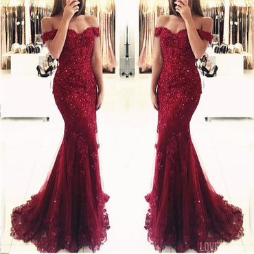 Off Shoulder Dark Red Lace Beaded Mermaid Evening Prom Dresses, Popular 2018 Party Prom Dresses, Custom Long Prom Dresses, Cheap Formal Prom Dresses, 17207
