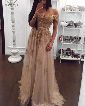 Off Shoulder Gold Lace Beaded Long Evening Prom Dresses, Popular Cheap Long Custom Party Prom Dresses, 17329