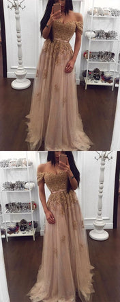 Off Shoulder Gold Lace Beaded Long Evening Prom Dresses, Popular Cheap Long Custom Party Prom Dresses, 17329