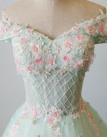 Off Shoulder Green Lace A line Evening Prom Dresses, See Through Party Prom Dresses, Custom Long Prom Dresses, Cheap Formal Prom Dresses, 17157