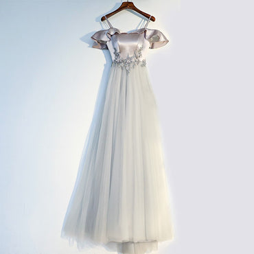 Off Shoulder Grey Tulle A line Evening Prom Dresses, Popular Gray Party Prom Dresses, Custom Long Prom Dresses, Cheap Formal Prom Dresses, 17190