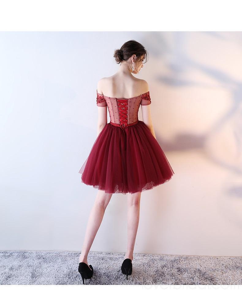 Off Shoulder Lace Beaded See Through Red Homecoming Dresses Online, Cheap Short Prom Dresses, CM790