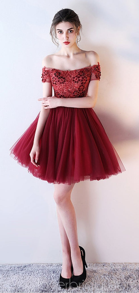 Off Shoulder Lace Beaded See Through Red Homecoming Dresses Online, Cheap Short Prom Dresses, CM790