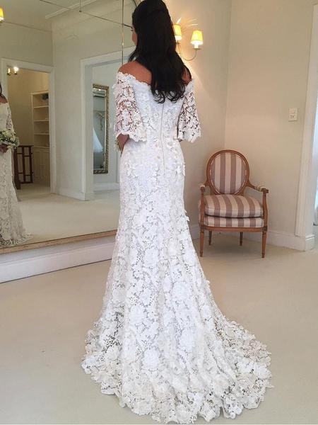 Off Shoulder Lace Short Sleeves Cheap Wedding Dresses Online, Cheap Bridal Dresses, WD549