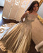 Off Shoulder Long Sleeve Gold A line Sparkly Evening Prom Dresses, Popular Sweet 16 Party Prom Dresses, Custom Long Prom Dresses, Cheap Formal Prom Dresses, 17159