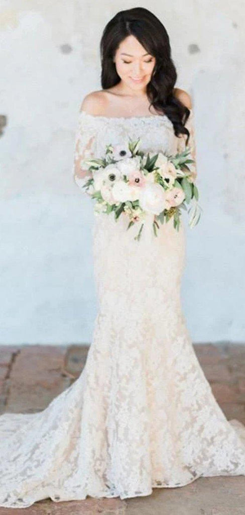 Off Shoulder Long Sleeves Mermaid Cheap Wedding Dresses Online, Cheap Bridal Dresses, WD612