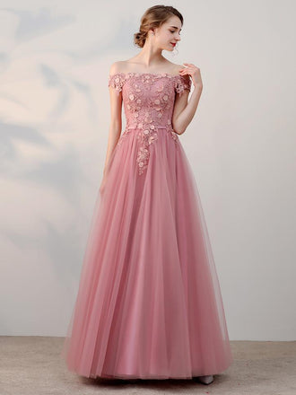 Off Shoulder Pink Tulle A-line Long Evening Prom Dresses, 17681