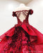 Off Shoulder Red Lace Ball Gown Long Evening Prom Dresses, Cheap Custom Sweet 16 Dresses, 18557