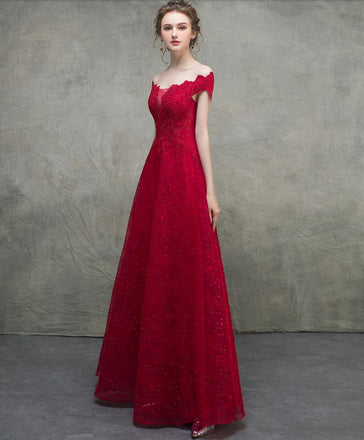 Off Shoulder Red Lace Beaded A-line Long Evening Prom Dresses, Evening Party Prom Dresses, 12328