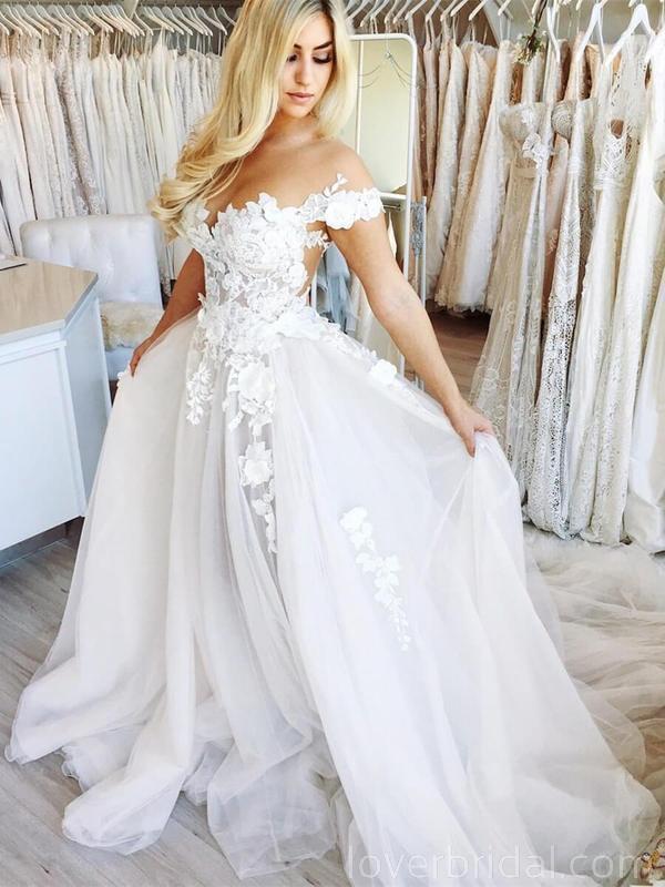 Off Shoulder See Through Lace A-line Cheap Wedding Dresses Online, Cheap Bridal Dresses, WD535