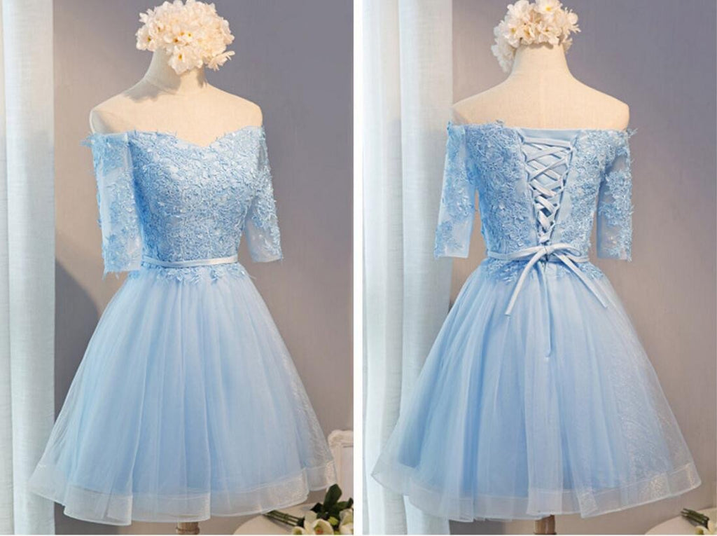 Off Shoulder Short Sleeve Blue Lace Homecoming Prom Dresses, Affordable Short Party Prom Dresses, Perfect Homecoming Dresses, CM287