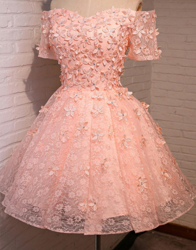 Off Shoulder  Short Sleeve Peach Lace Beaded Homecoming Prom Dresses, Affordable Short Party Prom Dresses, Perfect Homecoming Dresses, CM294