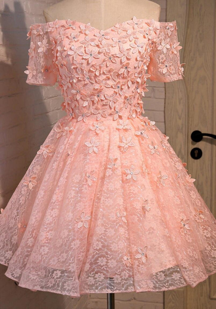 Off Shoulder  Short Sleeve Peach Lace Beaded Homecoming Prom Dresses, Affordable Short Party Prom Dresses, Perfect Homecoming Dresses, CM294