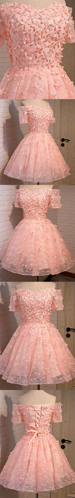 Off Shoulder  Short Sleeve Peach Lace Beaded Homecoming Prom Dresses, Affordable Short Party Prom Dresses, Perfect Homecoming Dresses, CM294