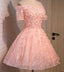 Off Shoulder  Short Sleeve Peach Lace Beaded Homecoming Prom Dresses, Affordable Short Party Prom Dresses, Perfect Homecoming Dresses, CM294