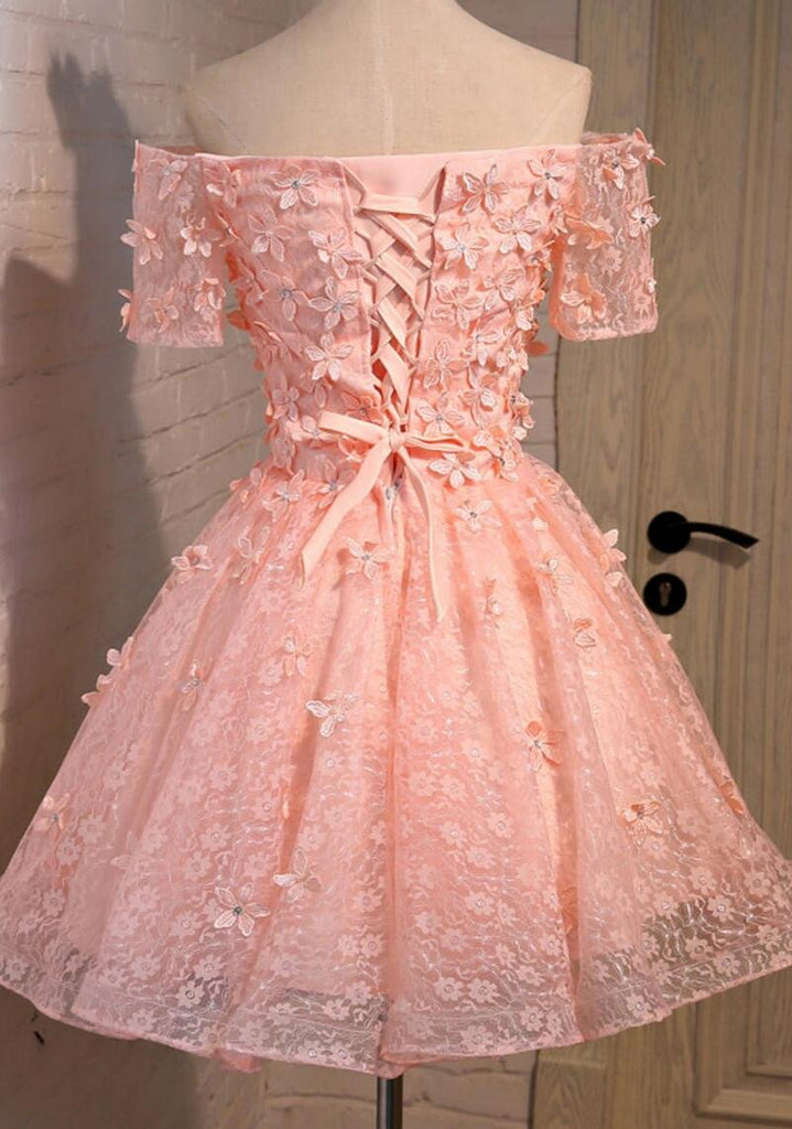 Off Shoulder  Short Sleeve Peach Lace Beaded Homecoming Prom Dresses, Affordable Short Party Prom Dresses, Perfect Homecoming Dresses, CM294