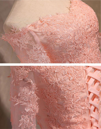 Off Shoulder Short Sleeve Pink Lace Cute Homecoming Prom Dresses, Affordable Short Party Prom Dresses, Perfect Homecoming Dresses, CM306