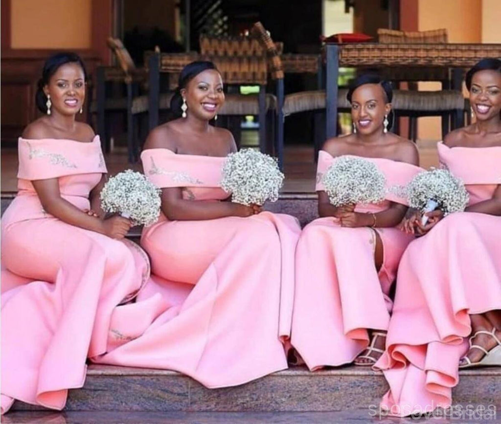 Off Shoulder Side Slit Mermaid Pink Cheap Bridesmaid Dresses Online, WG525