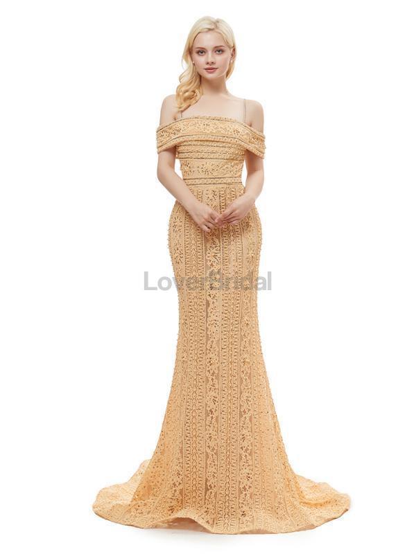 Off Shoulder Spaghetti Straps Gold Lace Evening Prom Dresses, Evening Party Prom Dresses, 12056