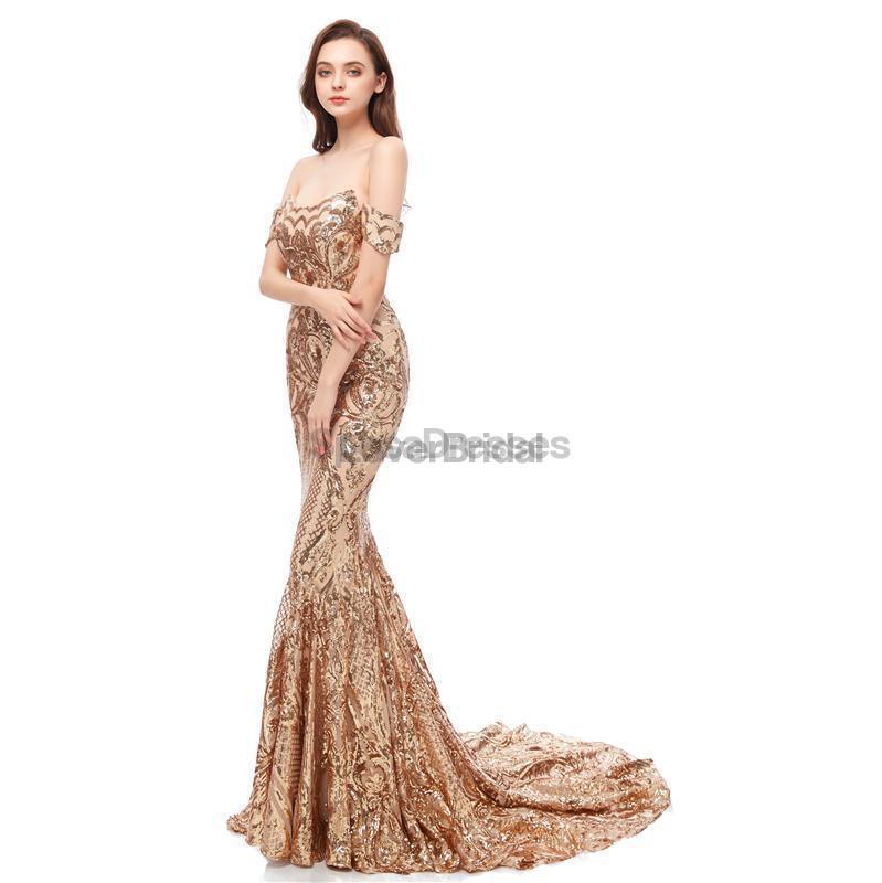 Off Shoulder Sparkly Gold Sequin Mermaid Evening Prom Dresses, Evening Party Prom Dresses, 12105