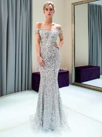 Off Shoulder Sparkly Heavily Beaded Mermaid Evening Prom Dresses, Evening Party Prom Dresses, 12034