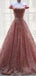 Off Shoulder Sparkly Pink A-line Long Evening Prom Dresses, Cheap Custom Sweet 16 Dresses, 18542