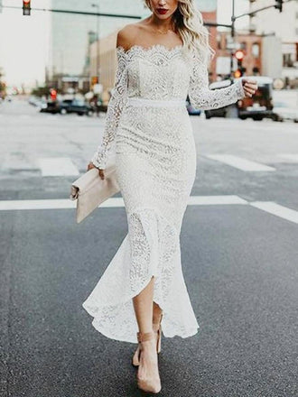 Off Shoulder Vintage Lace Mermaid Cheap Wedding Dresses Online, Long Sleeves Bridal Dresses, WD431