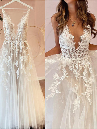 Off White A-line Spaghetti Straps V-neck Handmade Lace Wedding Dresses,WD786