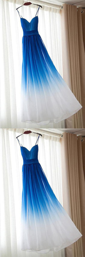 Ombre Blue Chiffon Sweetheart Neckline Long Evening Prom Dresses, Popular Cheap Long Custom Party Prom Dresses, 17314